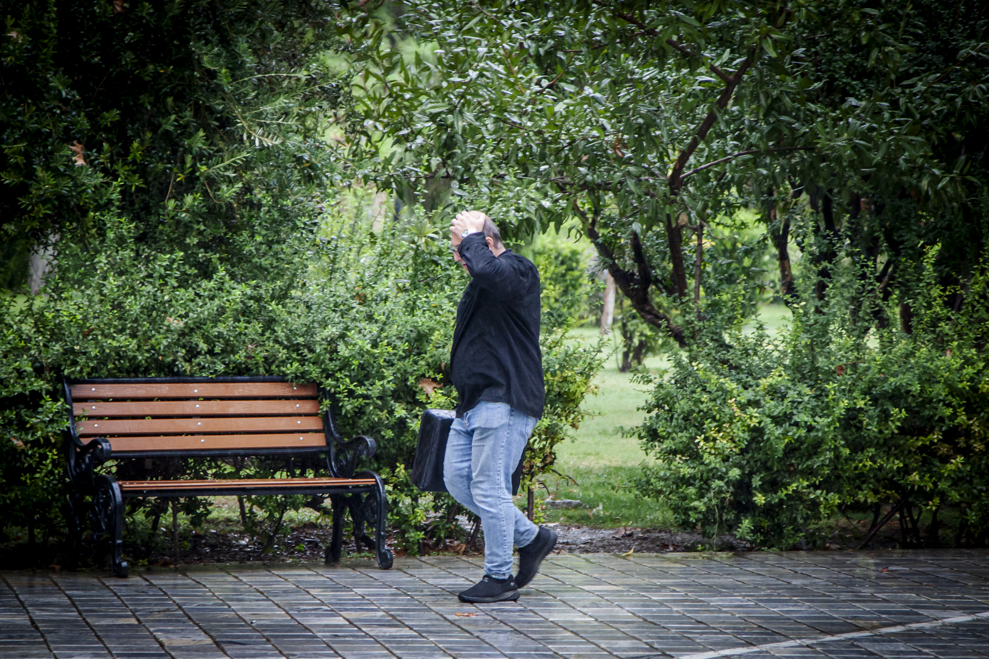 پارک شهر خلوت و بارانی  بعد از چندین روز آلودگی‌ هوا در تهران